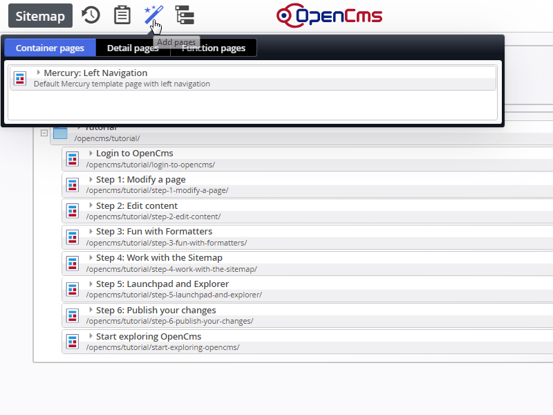 Select 'Add pages' (c) CC BY-NC-SA / Alkacon Software - http://alkacon.com Select 'Add pages'