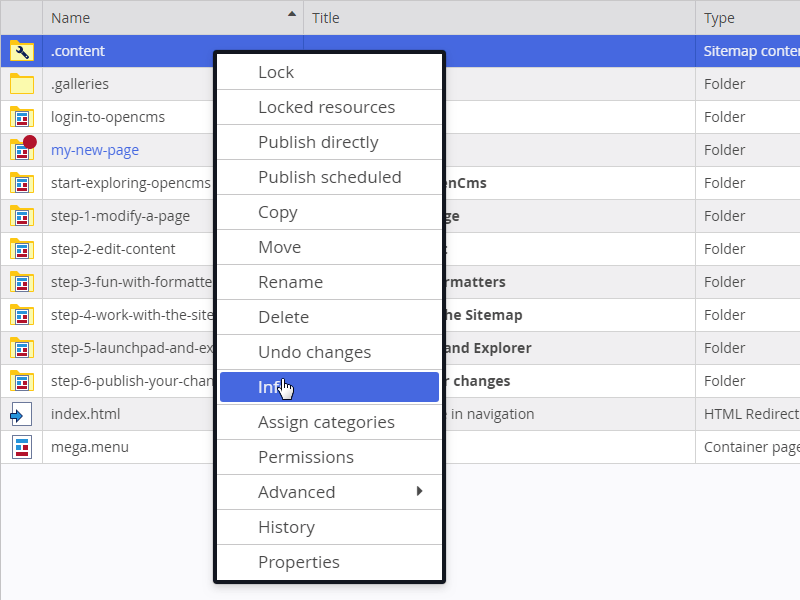 Explorer context menu (c) CC BY-NC-SA / Alkacon Software - http://alkacon.com Explorer context menu